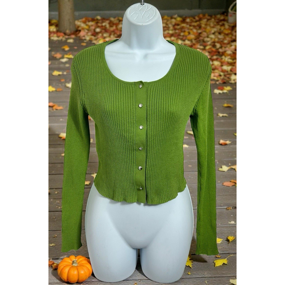 GU Green Crop Top Sz Large Ribbed Button Front Long-Sleeve Blouse Stretch